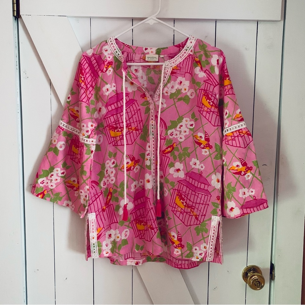 Boho Flowy Blouse Women 's Top Pink Bird Print Embroidered Hem Tassel Tie V-Neck - Picture 2 of 10
